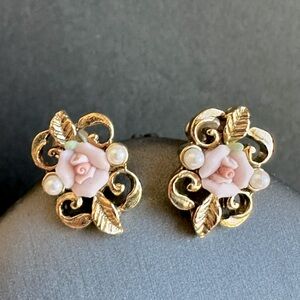1928 Porcelain Pink Rose & Antiqued Gold Post Back Earrings w Pearl Accents